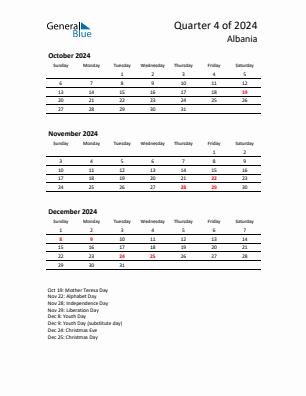 Albania Quarter 4  2024 calendar template