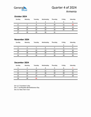 Armenia Quarter 4  2024 calendar template