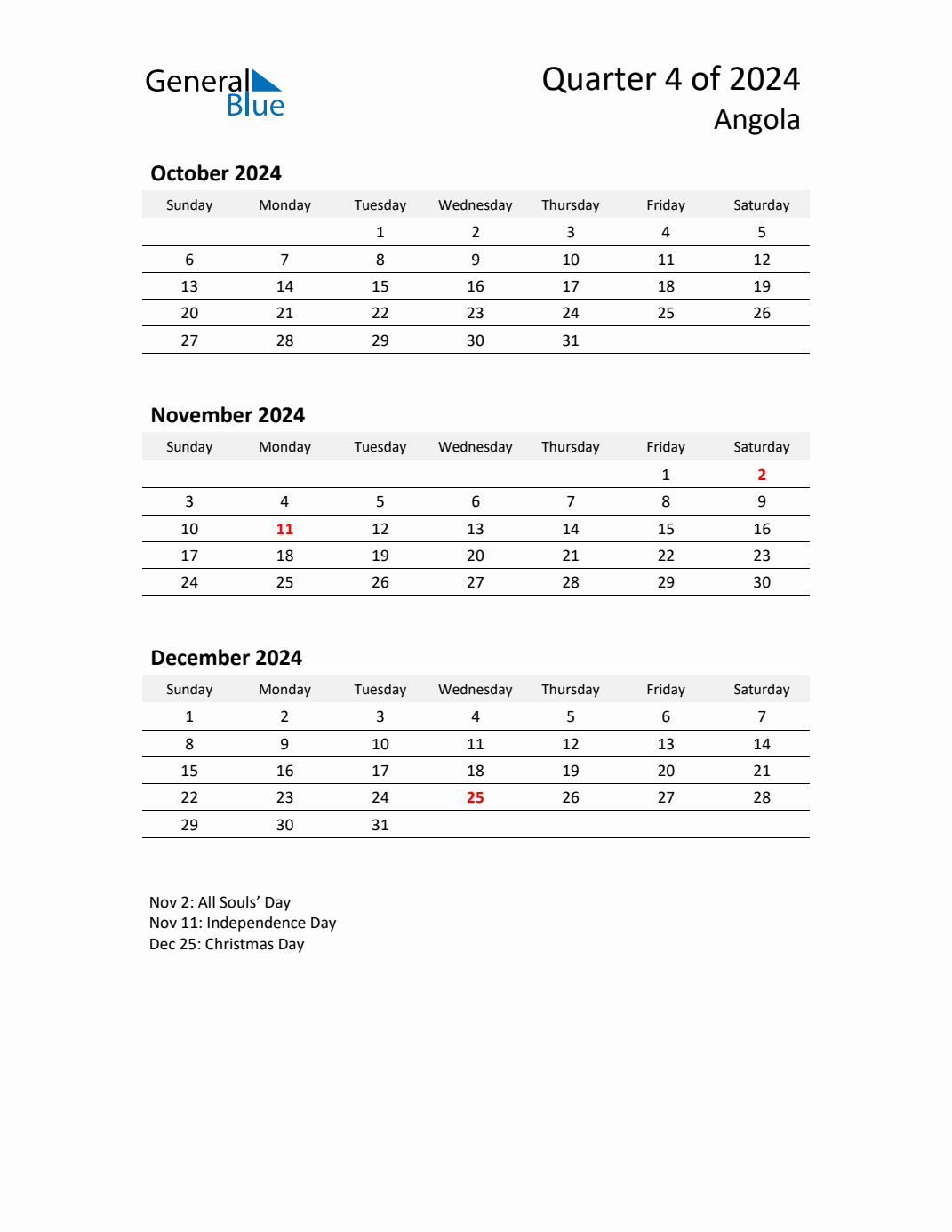 Q4 2024 Quarterly Calendar with Angola Holidays (PDF, Excel, Word)