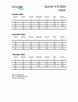 Angola Quarter 4  2024 calendar template