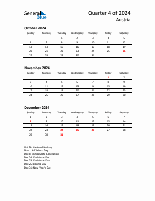 Austria Quarter 4  2024 calendar template