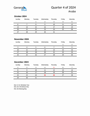 Aruba Quarter 4  2024 calendar template