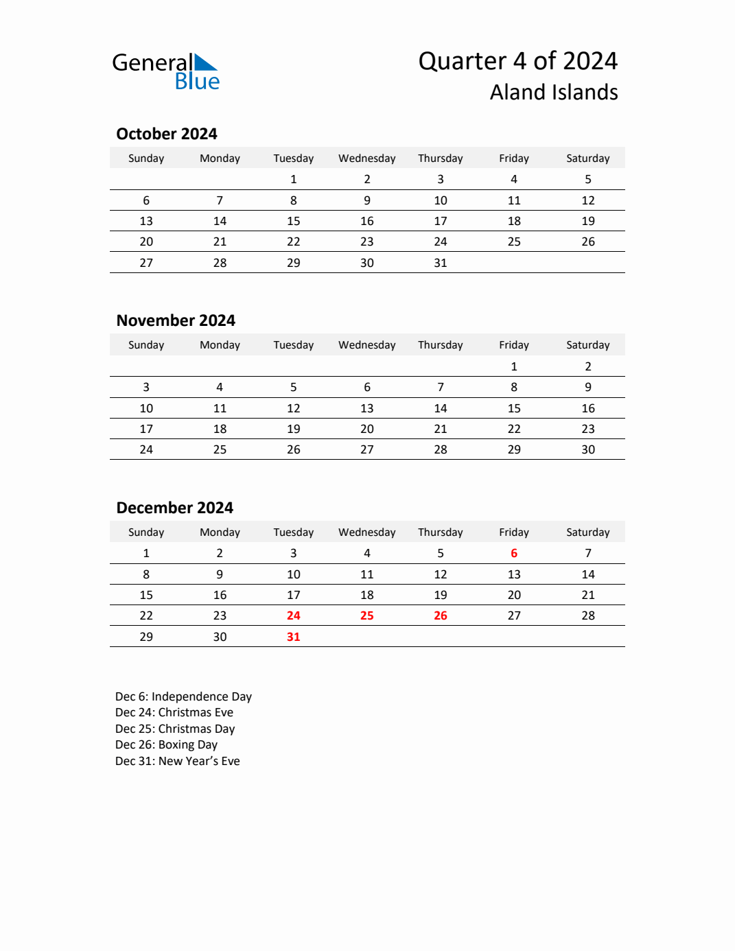 Q4 2024 Quarterly Calendar with Aland Islands Holidays