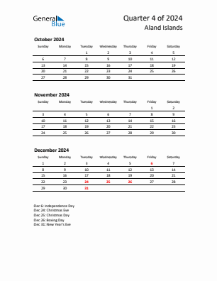 Aland Islands Quarter 4  2024 calendar template