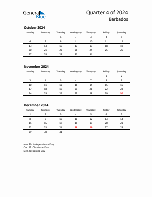 Barbados Quarter 4  2024 calendar template