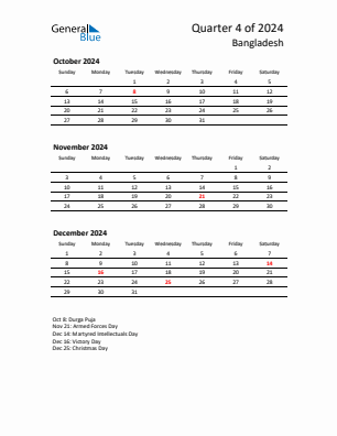 Bangladesh Quarter 4  2024 calendar template