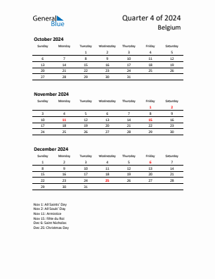 Belgium Quarter 4  2024 calendar template