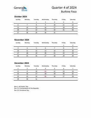 Burkina Faso Quarter 4  2024 calendar template