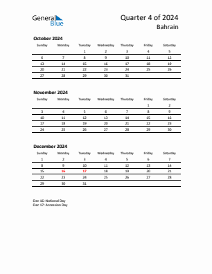 Bahrain Quarter 4  2024 calendar template