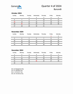 Burundi Quarter 4  2024 calendar template