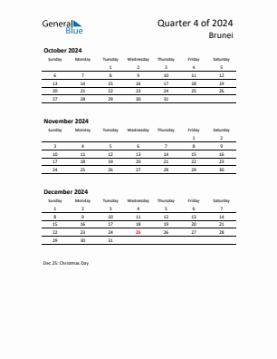 Brunei Quarter 4  2024 calendar template