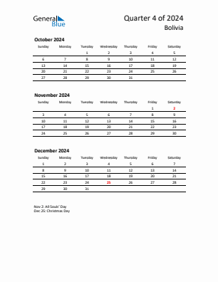 Bolivia Quarter 4  2024 calendar template