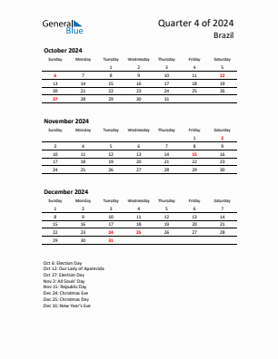 Brazil Quarter 4  2024 calendar template