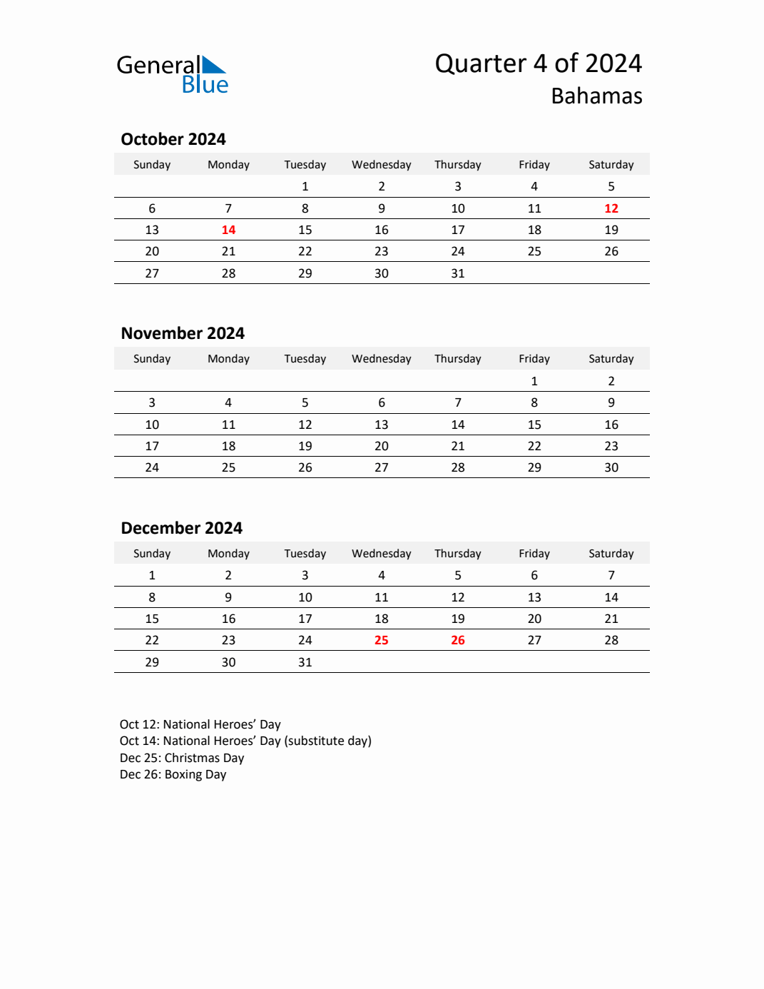 Q4 2024 Quarterly Calendar with Bahamas Holidays (PDF, Excel, Word)