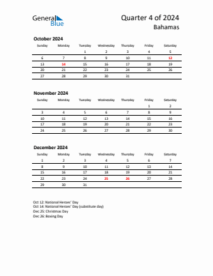 Bahamas Quarter 4  2024 calendar template