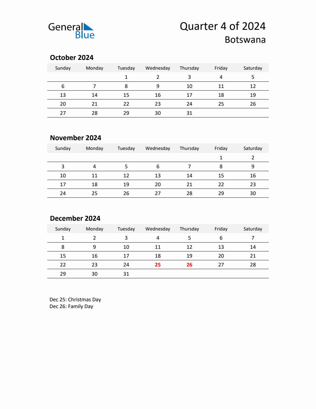 Q4 2024 Quarterly Calendar with Botswana Holidays (PDF, Excel, Word)