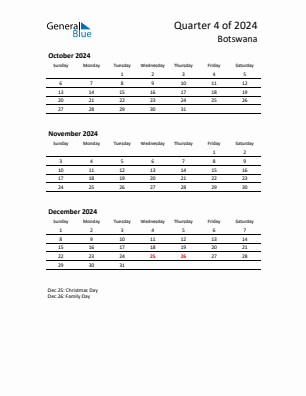 Botswana Quarter 4  2024 calendar template