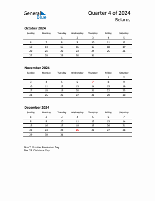 Belarus Quarter 4  2024 calendar template