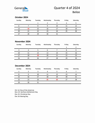 Belize Quarter 4  2024 calendar template