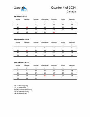 Canada Quarter 4  2024 calendar template