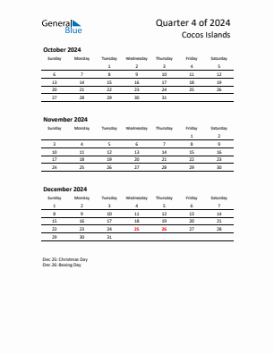 Cocos Islands Quarter 4  2024 calendar template