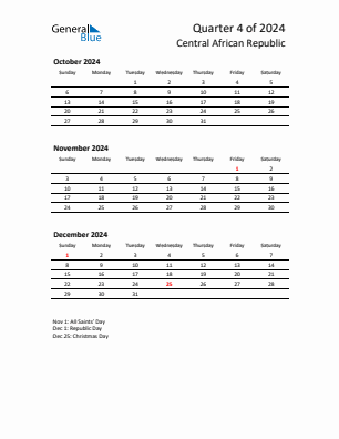 Central African Republic Quarter 4  2024 calendar template