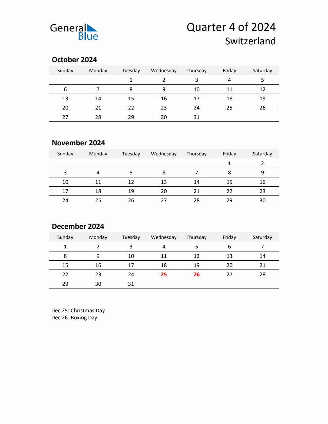 Q4 2024 Quarterly Calendar with Switzerland Holidays (PDF, Excel, Word)
