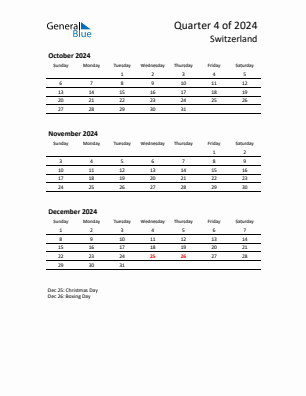 Switzerland Quarter 4  2024 calendar template