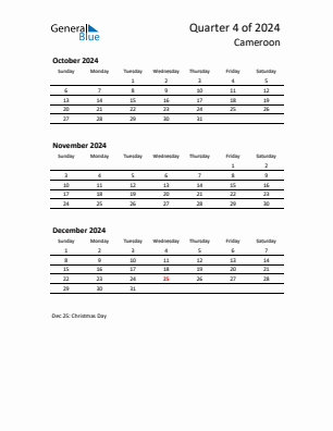 Cameroon Quarter 4  2024 calendar template