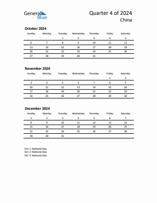 China Quarter 4  2024 calendar template