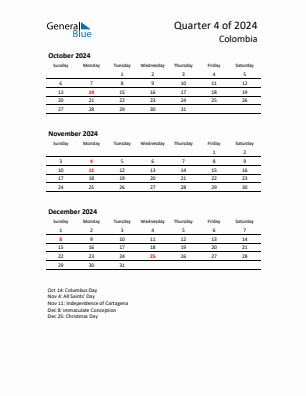 Colombia Quarter 4  2024 calendar template