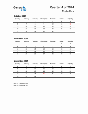 Costa Rica Quarter 4  2024 calendar template