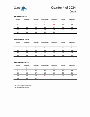 Cuba Quarter 4  2024 calendar template