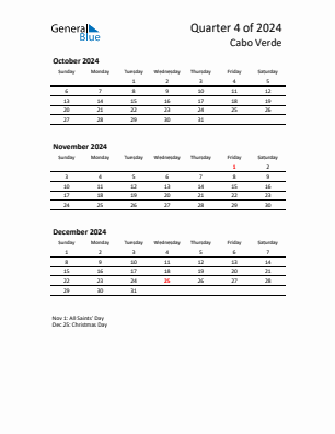 Cabo Verde Quarter 4  2024 calendar template