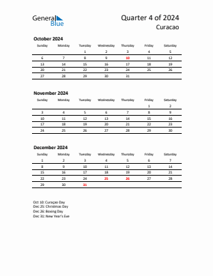 Curacao Quarter 4  2024 calendar template