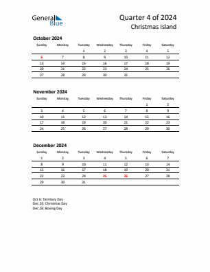 Christmas Island Quarter 4  2024 calendar template