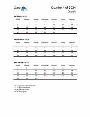 Cyprus Quarter 4  2024 calendar template