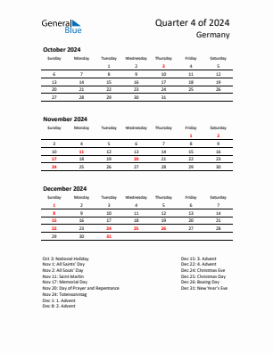 Germany Quarter 4  2024 calendar template