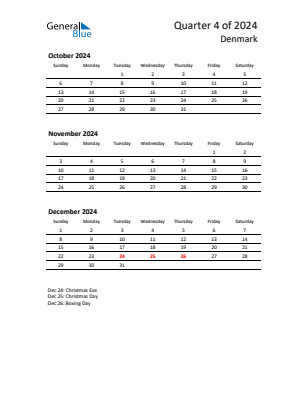 Denmark Quarter 4  2024 calendar template