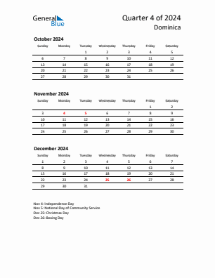 Dominica Quarter 4  2024 calendar template