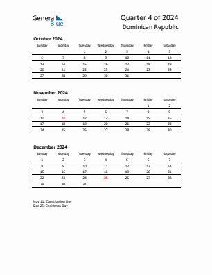 Dominican Republic Quarter 4  2024 calendar template