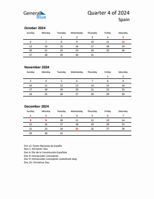 Spain Quarter 4  2024 calendar template