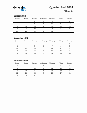 Ethiopia Quarter 4  2024 calendar template