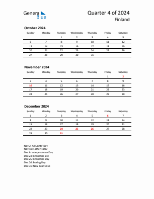 Finland Quarter 4  2024 calendar template