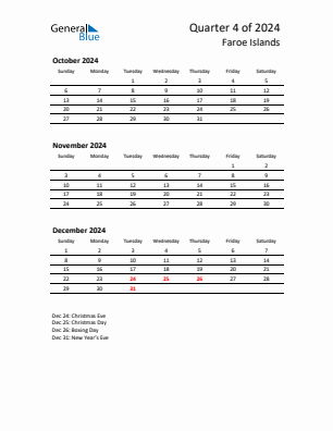 Faroe Islands Quarter 4  2024 calendar template