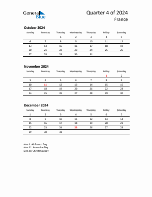 France Quarter 4  2024 calendar template