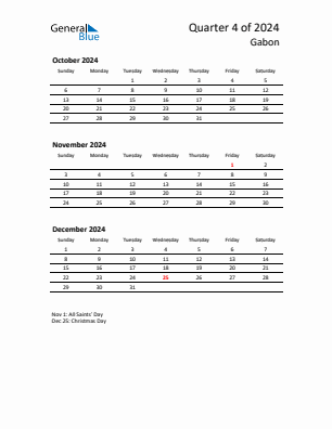 Gabon Quarter 4  2024 calendar template