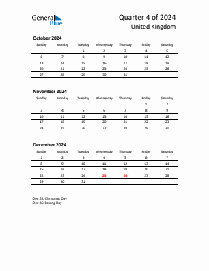 United Kingdom Quarter 4  2024 calendar template