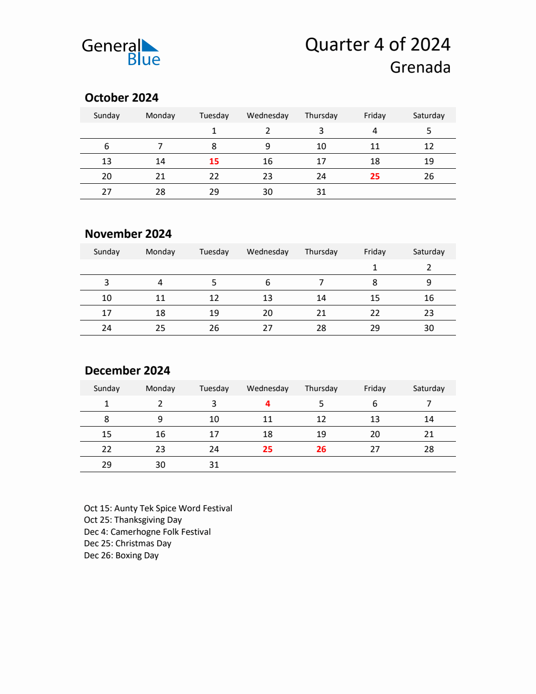 Q4 2024 Quarterly Calendar with Grenada Holidays (PDF, Excel, Word)
