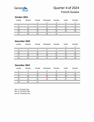 French Guiana Quarter 4  2024 calendar template